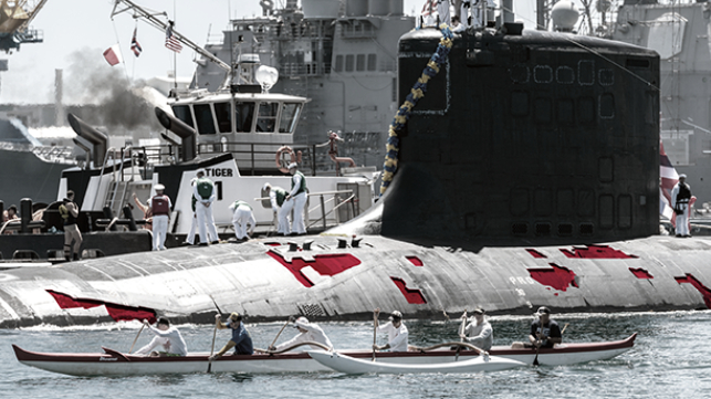 Protective Coating Falling Off a Virginia Class Submarine (missing coating colored red for emphasis)