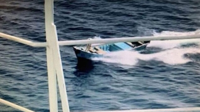 In this 2020 file photo, a Houthi drone boat approaches a target in the Red Sea. Houthi forces have used remote-control bomb boats for years (Saudi military handout)
