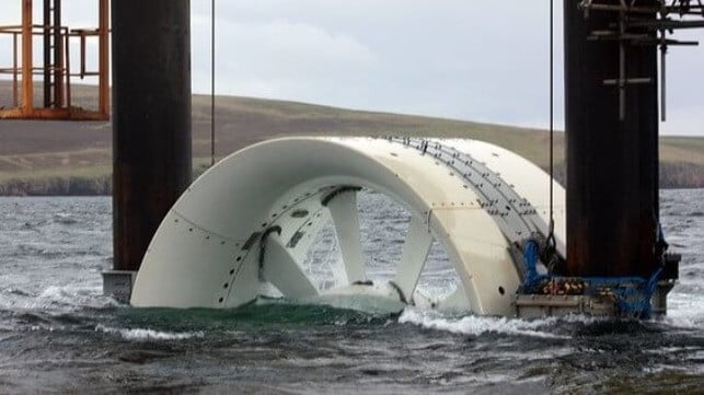 Ocean currents can be harnessed with turbine generators using the same principles as tidal turbines, above