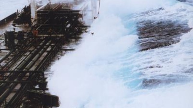 60-foot wave hitting tanker off Alaska. Credit: Captain Roger Wilson/NOAA