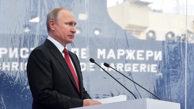 Russian President Vladimir Putin inaugurates Novatek's first-in-class Arc7 icebreaking LNG carrier, Christophe De Margerie (Kremlin file image)