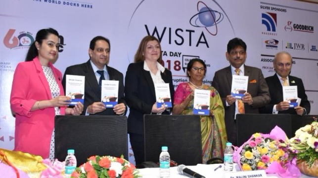 (from left to right) WISTA India President Sanjam Sahi Gupta; Director and Principal Anglo-Eastern Maritime Training Centre Capt. Deboo; WISTA International President Despina Panayiotou Theodosiou; Director General of Shipping in India Dr. Malini Shankar; Chairman Shipping Corporation of India Capt. Anoop Kumar Sharma; WISTA International Brand Ambassador Anil Singh