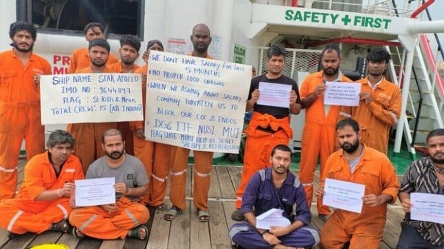 Indian crewmembers aboard an abandoned vessel in Indonesia. Fly-by-night crewing agents that lure seafarers with fake documents are often associated with abusive employment, according to labor advocates (ITF file image)