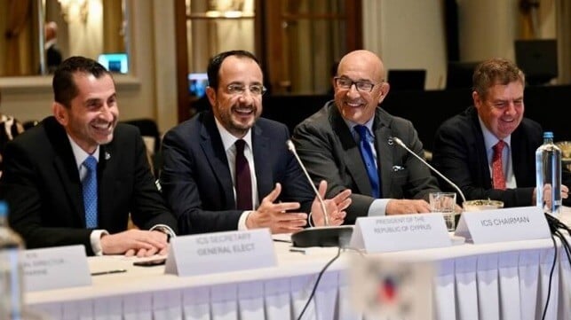 L to R: Thomas Kazakos, Nikos Christodoulides, Emanuele Grimaldi and Guy Platten (ICS)
