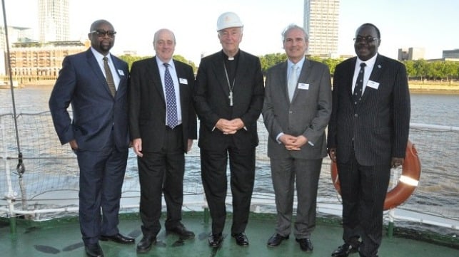 From left: William Azuh (Head, Africa Section, International Maritime Organization), Simon O'Toole (AoS Chair of Trustees), Cardinal Vincent Nichols, Captain Esteban Pacha (AoS Vice Chair of Trustees), Juvenal Shiundu (Senior Deputy Director, Technical Cooperation Division, IMO).
