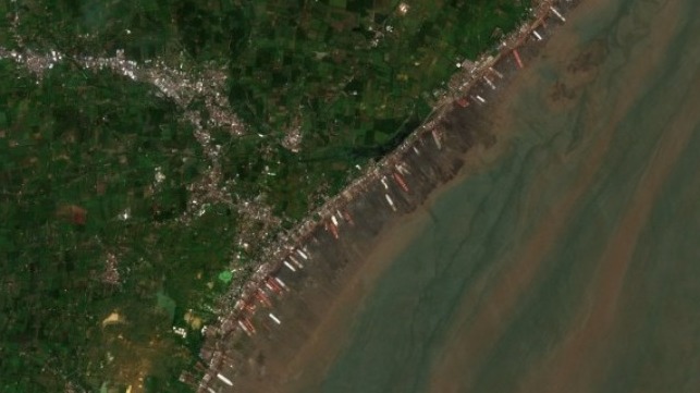 Shipbreaking plots along the waterfront at Alang (NASA file image)