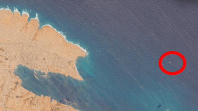 MV Elyana off Tobruk at 32.0791N 24.0617E on May 27 (Sentinel-2/CJRC)