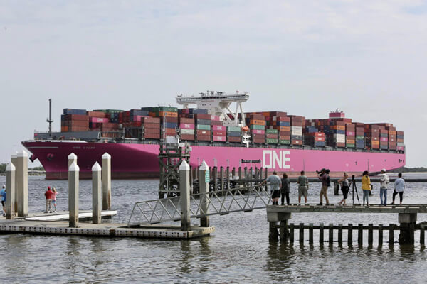 Pink container ship docks at JAXPORT
