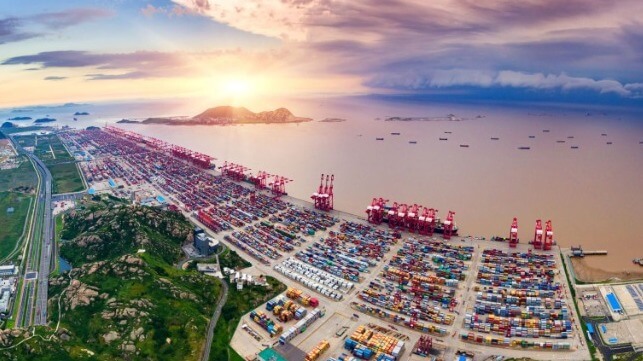 Shanghai Yangshan port complex with dramatic weather in the background