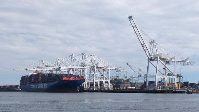 Port of Long Beach terminal with a Cosco container ship