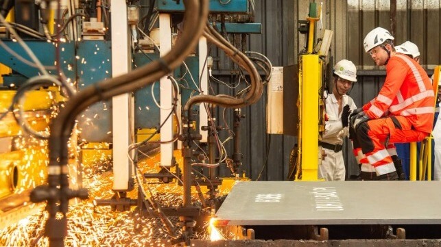 Seatrium workers cut steel for an offshore wind project, 2023 (Seatrium)