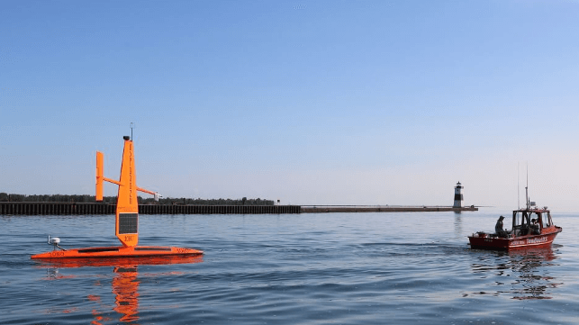 Saildrone 1080 towed out to begin its fisheries survey on Lake Erie (USGS)