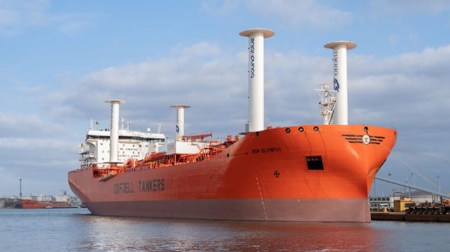 Bound4Blue suction sails mounted aboard Bow Olympus (Odfjell)