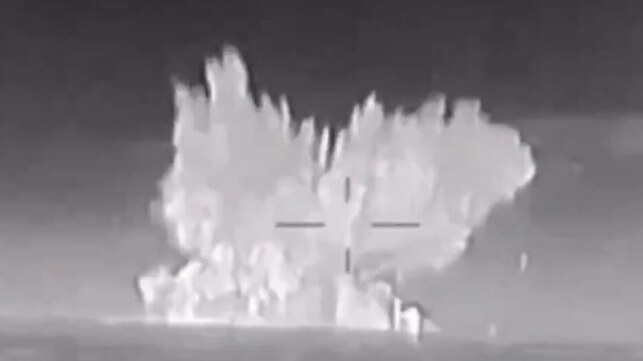 A drone boat detonates against the hull of a Russian corvette (Image courtesy GUR)