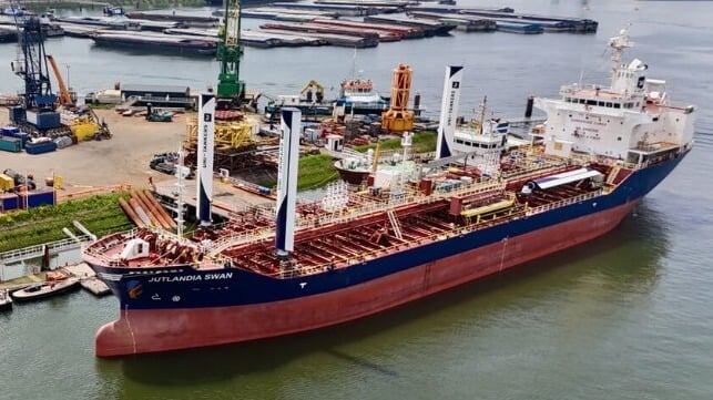 tanker fitted with rigid sails for wind-assisted propulsion