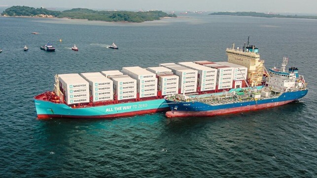 The dual-fuel methanol boxship Laura Maersk on her maiden voyage, 2023 (Maersk file image)