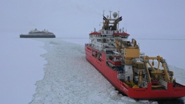 Cruise ship Le Commandant charcot with research vessel Sir David Attenborough in ice
