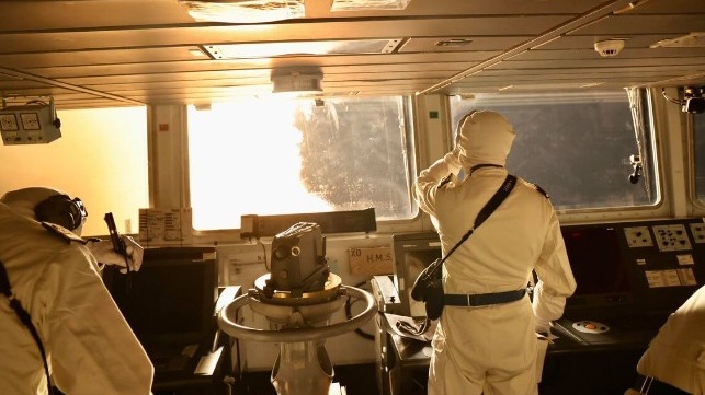 Crew of HMS Diamond launch a Sea Viper / Aster missile at an incoming Houthi drone threat, January 9 (Royal Navy)