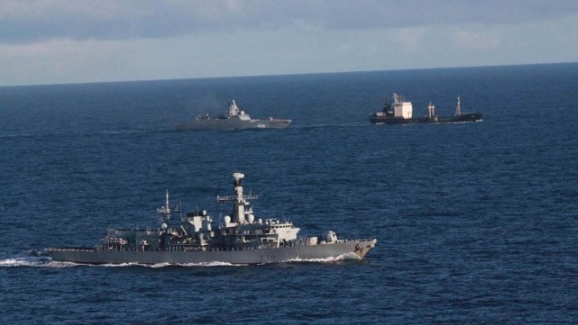Royal Navy frigate escorting Russian vessels in the North Sea