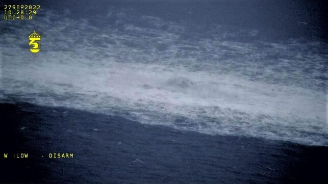 A massive plume from the Nord Stream pipeline complex roils the surface of the Baltic off Bornholm, Sept. 27, 2022 (Forsvaret)