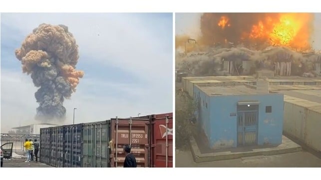 Two bystander views of the port explosion (via Iranian social media)