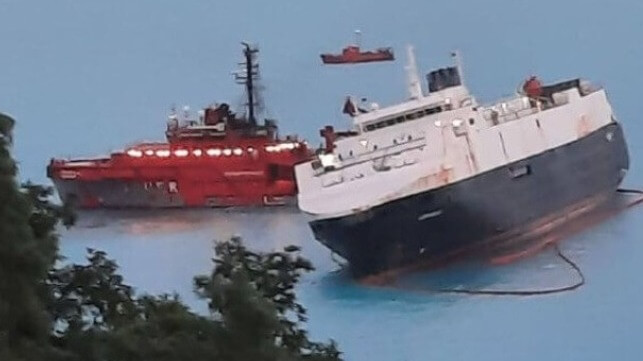 listing cargo ship off Russian Black Sea port