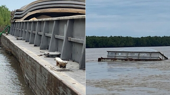 Barge damage from the allision of the tow with the Natchez-Vidalia Bridge (NTSB)