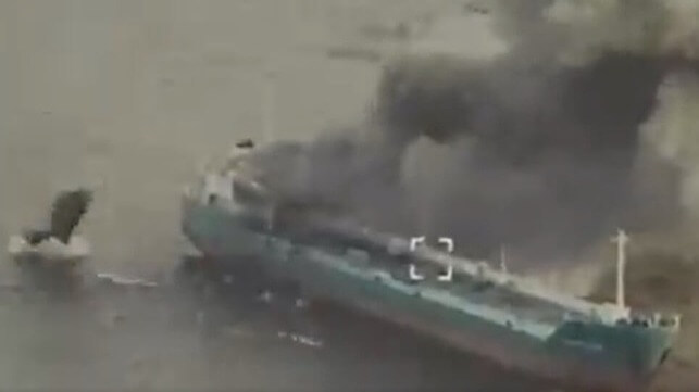 Debris falls back to earth after a Ukrainian strike on a vessel on the Crimean Peninsula (Ukrainian Air Force)