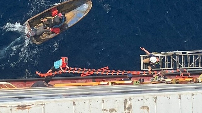 A survivor from the sunken yacht climbs a pilot ladder to board El Coqui (AMO / El Coqui crew)