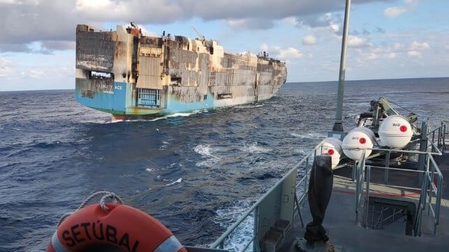 The burned out car carrier Felicity Ace. Operator MOL alleges that an EV started the fire on board (Portuguese Navy file image)