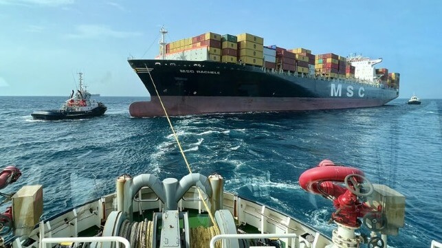 MSC boxship towed to port after explosion and fire