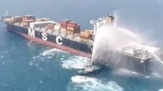 container ship on fire