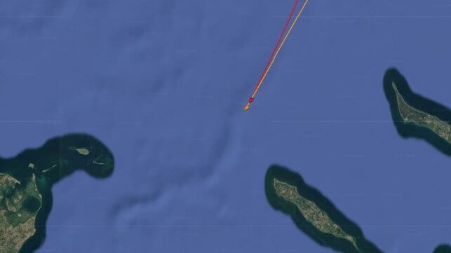 Maersk Gironde (red) and SFL Composer (orange) collide off Funen, August 5 (Pole Star / Google)