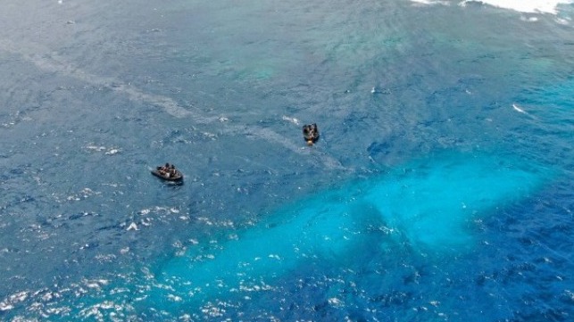 The submerged wreck of HMNZS Manawanui is visible, along with a light sheen, in this file image from Oct. 2024 (NZDF)