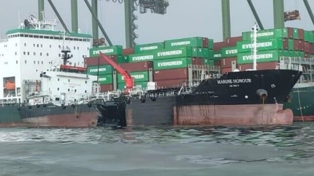 Van Oord Dredger Hits Bunker Tanker, Spilling Oil in Singapore's Harbor Damage to the bunker tanker Marine Honour (MPA Singapore)