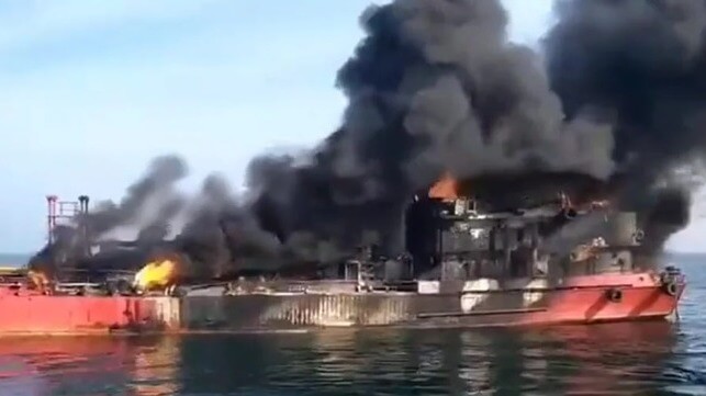 The product tanker Millennial Spirit burns in the northwestern Black Sea after a Russian strike, March 2022 (file image)