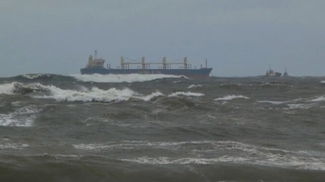 powerless bulker anchored off Australia in storm