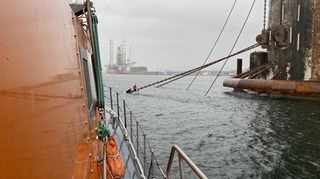 two men clinging to oil rig anchor chain RNLI