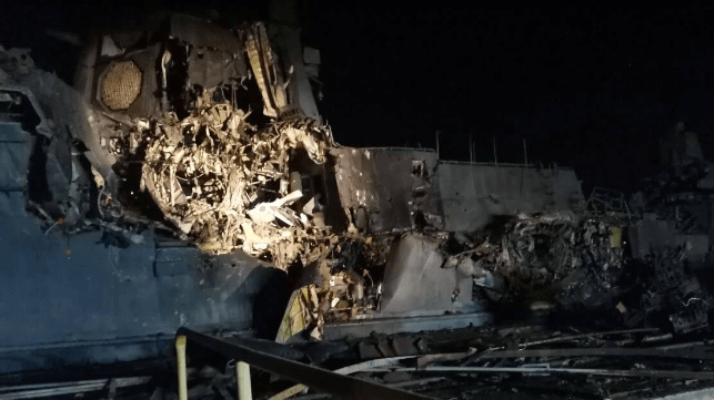 An unconfirmed image said to show damage to the Russian corvette Askold (Anton Geraschenko)