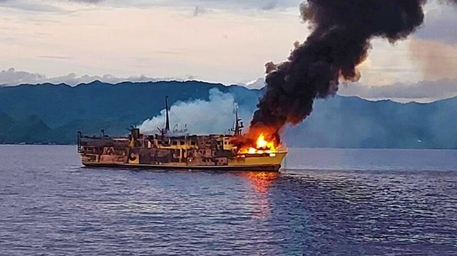 The Cokaliong Shipping Lines-owned ferry Filipinas Dinagat on fire off Cebu, July 23 (Philippine Coast Guard)