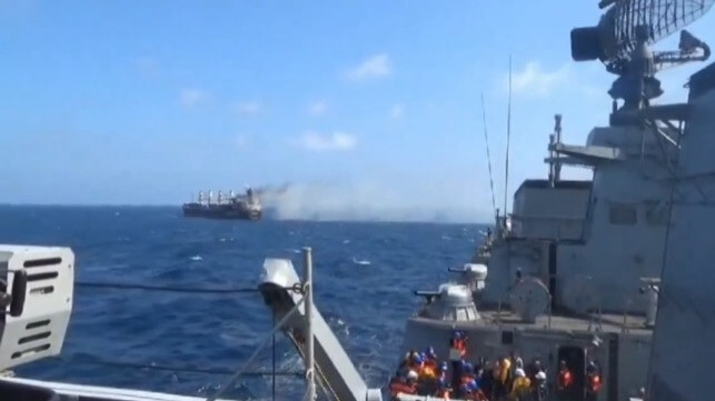 A bulker burns after a Houthi missile strike (Indian Navy file image)