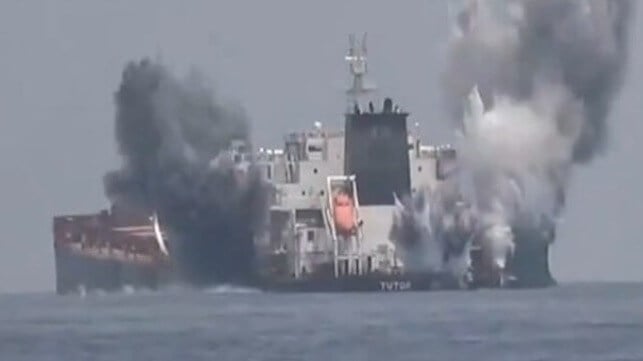 Charges laid by Houthi operatives detonate to sink the bulker Tutor, 2024 (Houthi military media)