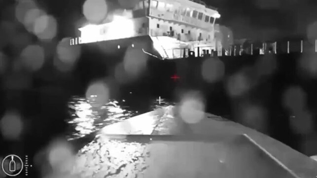 A Ukrainian drone boat approaches the tanker Sig, moments before detonation, August 5