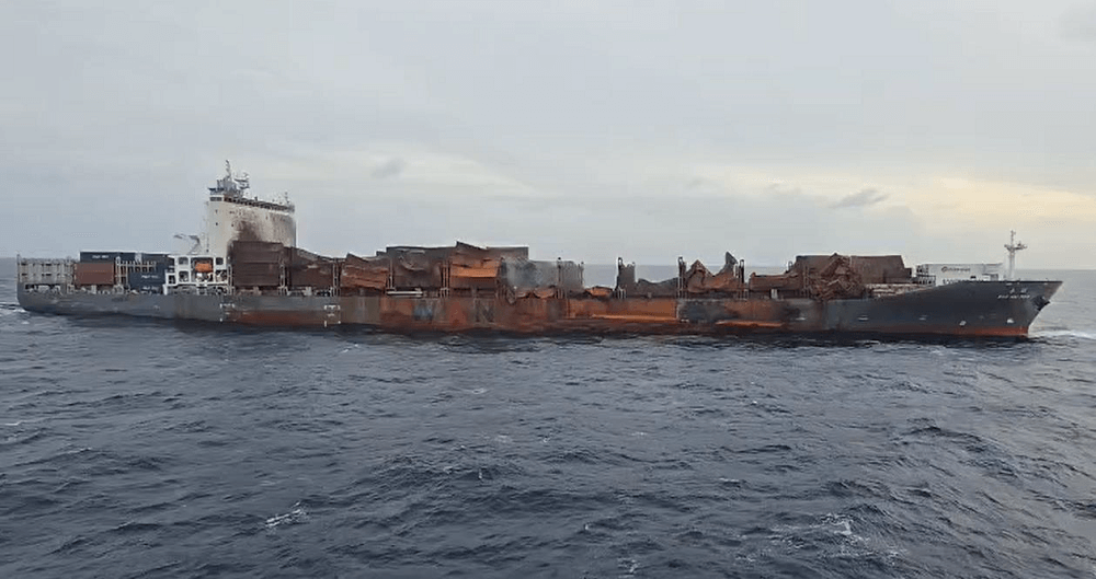 fire-damaged containership