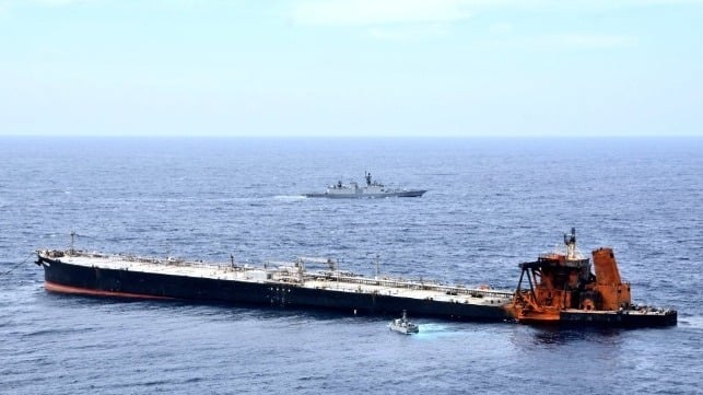 burnt-out tanker reaches port safely