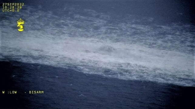 Leaking gas from a Nord Stream pipeline roils the Baltic off Bornholm, September 2022 (Swedish Coast Guard)