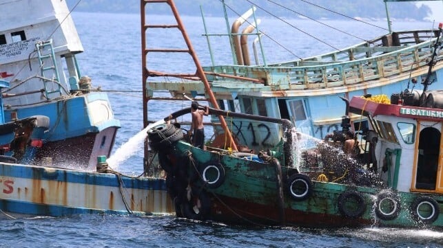 Indonesian authorities sinking foreign-flag fishing vessels during the administration of Fisheries Minister Susi Pudjiastuti (Indonesian Ministry of Fisheries file image)